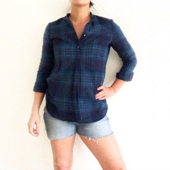 Madewell Blue Teal Plaid Henley Top Women's Medium M Classic Everyday Fall EUC - Picture 1 of 9